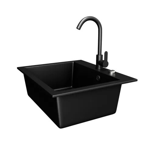 Gránit mosogató NERO Piazza-60 + magasított csaptelep + adagoló (fekete)