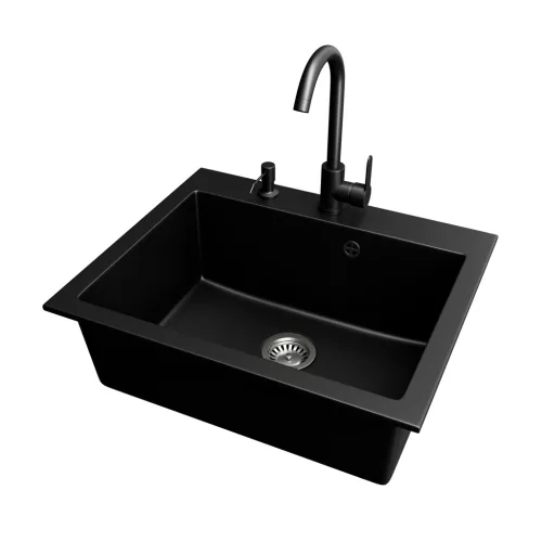 Gránit mosogató NERO Piazza-60 + magasított csaptelep + adagoló (fekete)