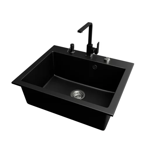 Gránit mosogató NERO Piazza-60 + magasított csaptelep + adagoló (fekete)