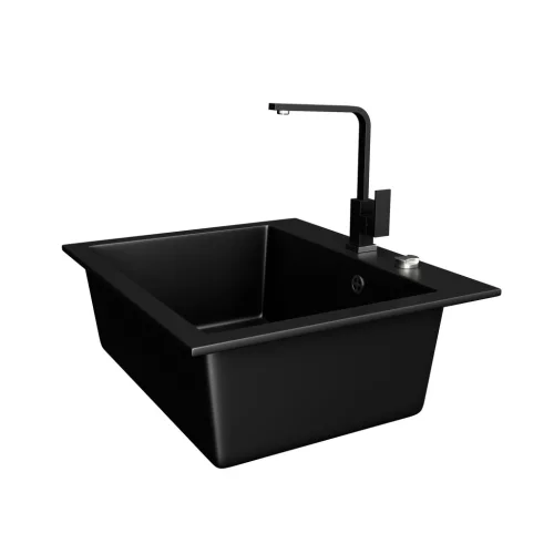 Gránit mosogató NERO Piazza-60 + magasított csaptelep + adagoló (fekete)