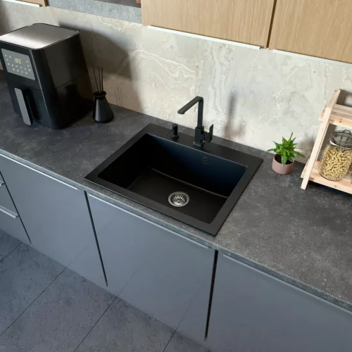 Gránit mosogató NERO Piazza-60 + magasított csaptelep + adagoló (fekete)