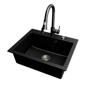 Gránit mosogató NERO Piazza-60 + magasított csaptelep + adagoló (fekete)