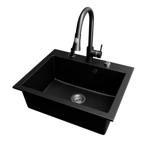 Gránit mosogató NERO Piazza-60 + magasított csaptelep + adagoló (fekete)