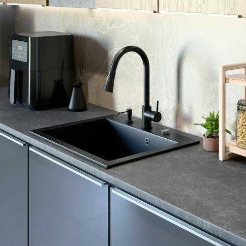 Gránit mosogató NERO Piazza-60 + magasított csaptelep + adagoló (fekete)