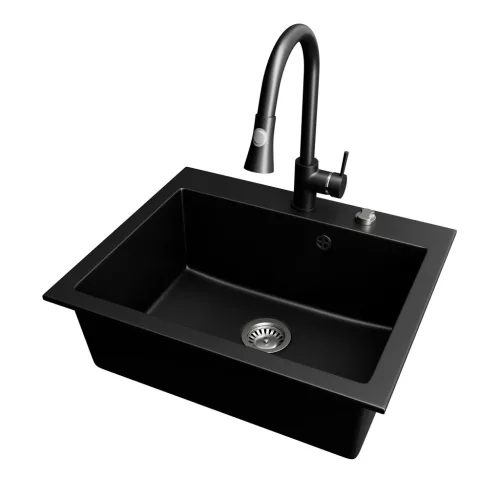 Gránit mosogató NERO Piazza-60 + magasított csaptelep + adagoló (fekete)