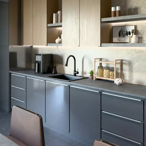 Gránit mosogató NERO Piazza-60 + magasított csaptelep + adagoló (fekete)