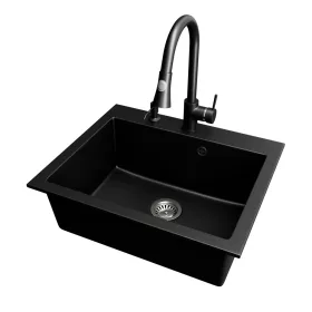 Gránit mosogató NERO Piazza-60 + magasított csaptelep + adagoló (fekete)