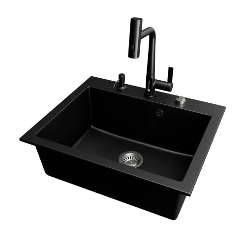 Gránit mosogató NERO Piazza-60 + magasított csaptelep + adagoló (fekete)