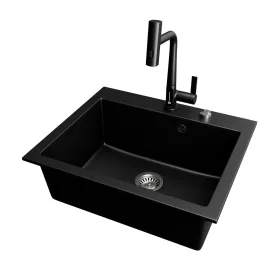 Gránit mosogató NERO Piazza-60 + magasított csaptelep + adagoló (fekete)