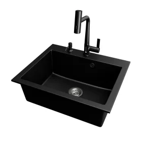Gránit mosogató NERO Piazza-60 + magasított csaptelep + adagoló (fekete)