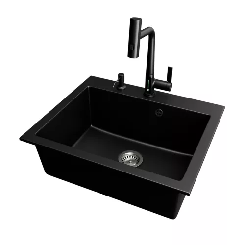 Gránit mosogató NERO Piazza-60 + magasított csaptelep + adagoló (fekete)
