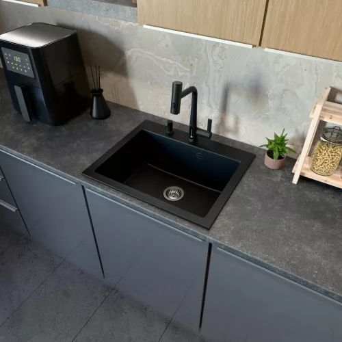 Gránit mosogató NERO Piazza-60 + magasított csaptelep + adagoló (fekete)