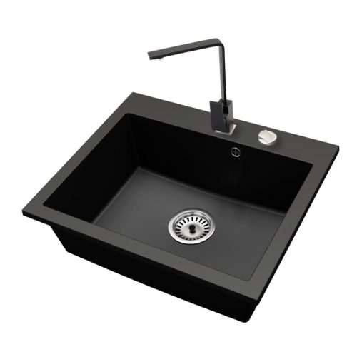 Gránit mosogató NERO Piazza-60 + Design csaptelep + dugóemelő (fekete)