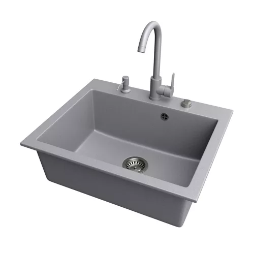 Gránit mosogató NERO Piazza-60 + magasított csaptelep + adagoló (fekete)