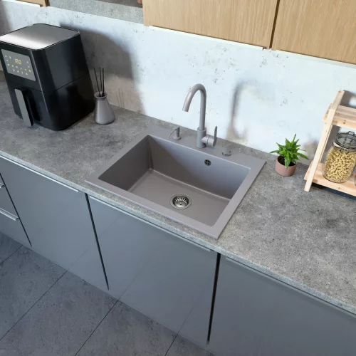 Gránit mosogató NERO Piazza-60 + magasított csaptelep + adagoló (fekete)