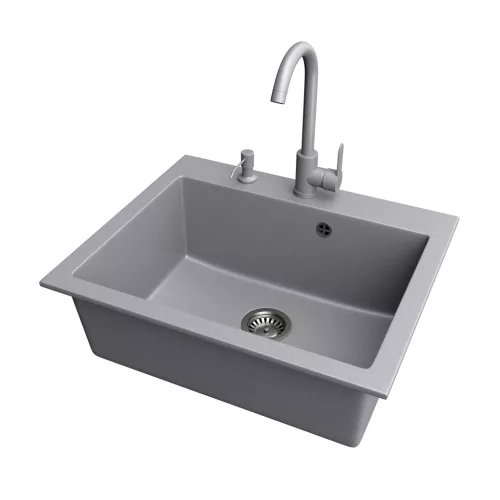 Gránit mosogató NERO Piazza-60 + magasított csaptelep + adagoló (fekete)