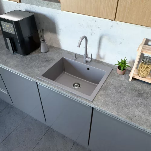 Gránit mosogató NERO Piazza-60 + magasított csaptelep + adagoló (fekete)