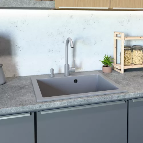 Gránit mosogató NERO Piazza-60 + magasított csaptelep + adagoló (fekete)