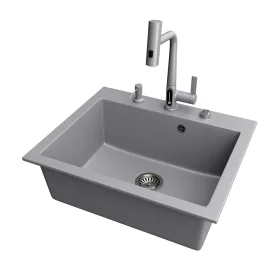 Gránit mosogató NERO Piazza-60 + magasított csaptelep + adagoló (fekete)