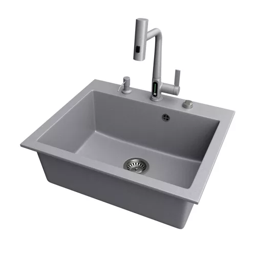 Gránit mosogató NERO Piazza-60 + magasított csaptelep + adagoló (fekete)