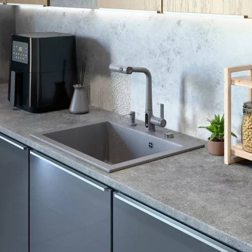 Gránit mosogató NERO Piazza-60 + magasított csaptelep + adagoló (fekete)