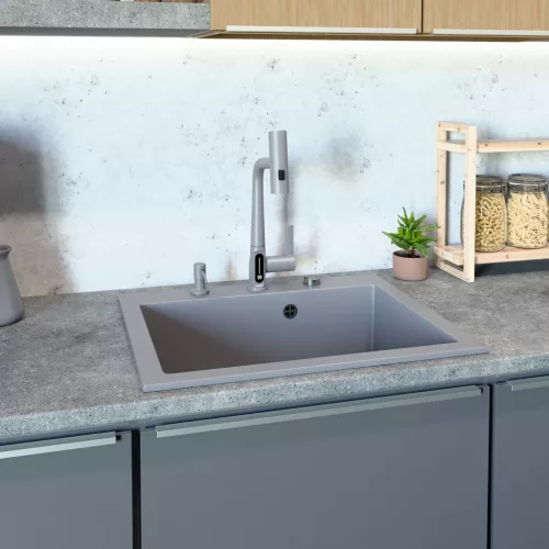 Gránit mosogató NERO Piazza-60 + magasított csaptelep + adagoló (fekete)