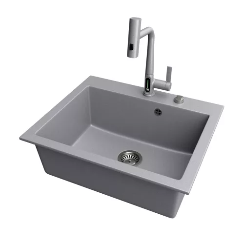 Gránit mosogató NERO Piazza-60 + magasított csaptelep + adagoló (fekete)