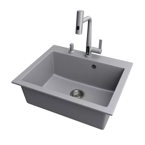 Gránit mosogató NERO Piazza-60 + magasított csaptelep + adagoló (fekete)