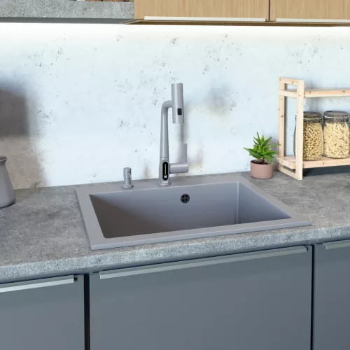 Gránit mosogató NERO Piazza-60 + magasított csaptelep + adagoló (fekete)