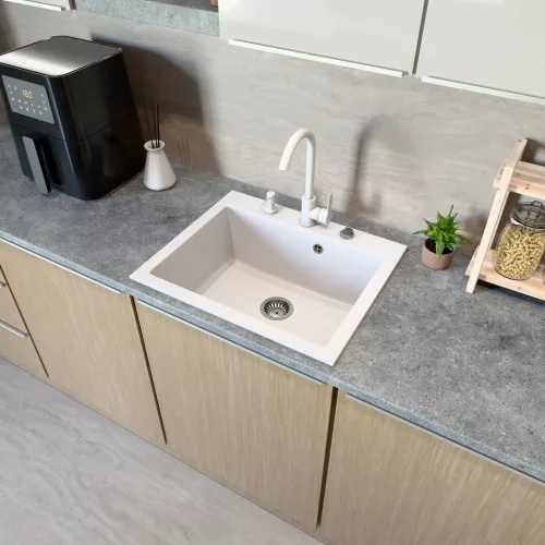 Gránit mosogató NERO Piazza-60 + magasított csaptelep + adagoló (fekete)