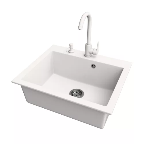 Gránit mosogató NERO Piazza-60 + magasított csaptelep + adagoló (fekete)