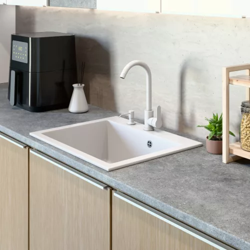 Gránit mosogató NERO Piazza-60 + magasított csaptelep + adagoló (fekete)