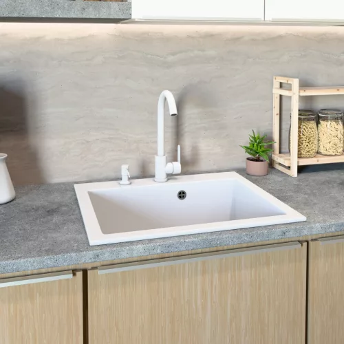 Gránit mosogató NERO Piazza-60 + magasított csaptelep + adagoló (fekete)