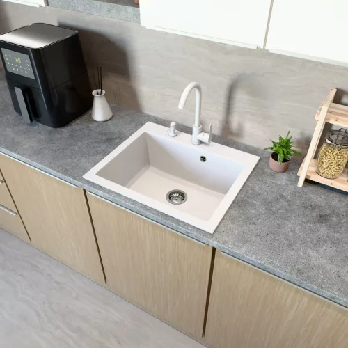 Gránit mosogató NERO Piazza-60 + magasított csaptelep + adagoló (fekete)