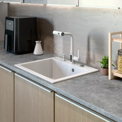 Gránit mosogató NERO Piazza-60 + magasított csaptelep + adagoló (fekete)