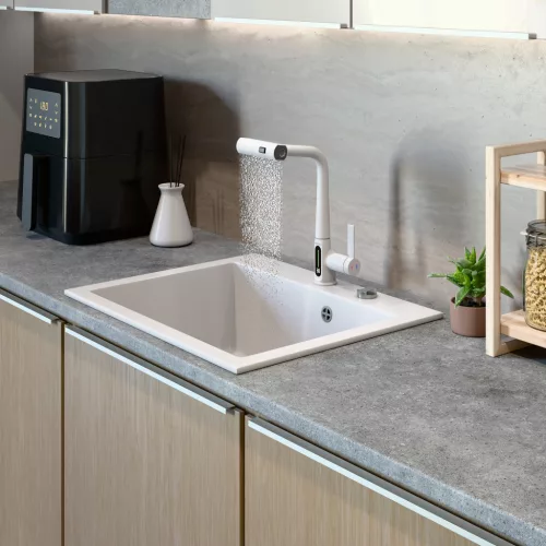 Gránit mosogató NERO Piazza-60 + magasított csaptelep + adagoló (fekete)