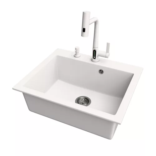 Gránit mosogató NERO Piazza-60 + magasított csaptelep + adagoló (fekete)