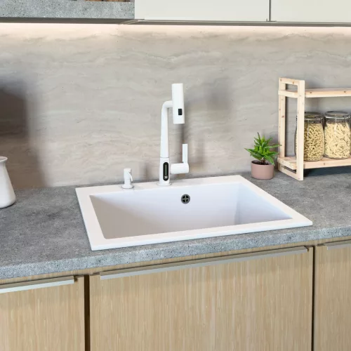 Gránit mosogató NERO Piazza-60 + magasított csaptelep + adagoló (fekete)