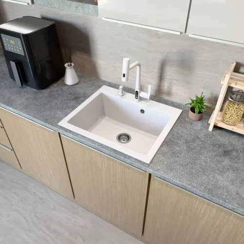 Gránit mosogató NERO Piazza-60 + magasított csaptelep + adagoló (fekete)