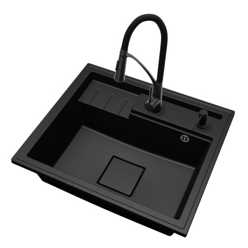 Gránit mosogató NERO Piazza-Evo + Duo-Flex csaptelep + adagoló (fekete)