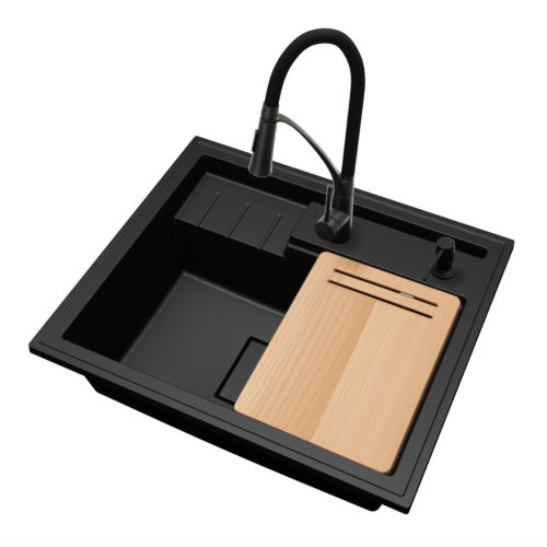 Gránit mosogató NERO Piazza-Evo + Duo-Flex csaptelep + adagoló (fekete)