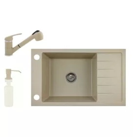   Gránit mosogató NERO Grande + kihúzható Shower csaptelep+ adagoló + szifon - bézs