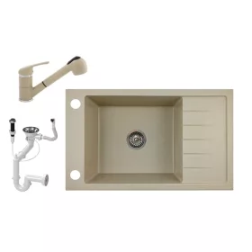   Gránit mosogató NERO Grande + kihúzható Shower csaptelep+ dugóemelő + szifon - bézs