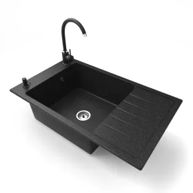   Gránit mosogató NERO Grande + magasított csaptelep + adagoló (fekete)