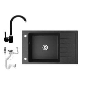 Gránit mosogató NERO Grande + magasított csaptelep + dugóemelő (fekete)