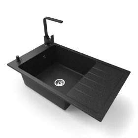   Gránit mosogató NERO Grande + Design csaptelep + adagoló (fekete)