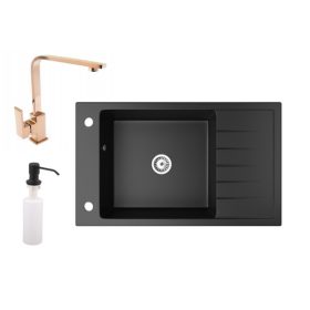   Gránit mosogató NERO Grande + Design Rose-Gold csaptelep + adagoló (matt fekete)