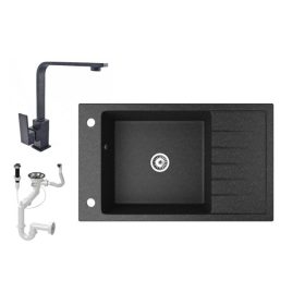   Gránit mosogató NERO Grande + Design csaptelep + dugókiemelő (fekete)
