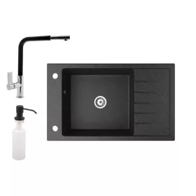   Gránit mosogató NERO Grande + kihúzható Linea csaptelep + adagoló (fekete)