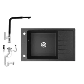   Gránit mosogató NERO Grande + kihúzható Linea csaptelep + dugóemelő (fekete)